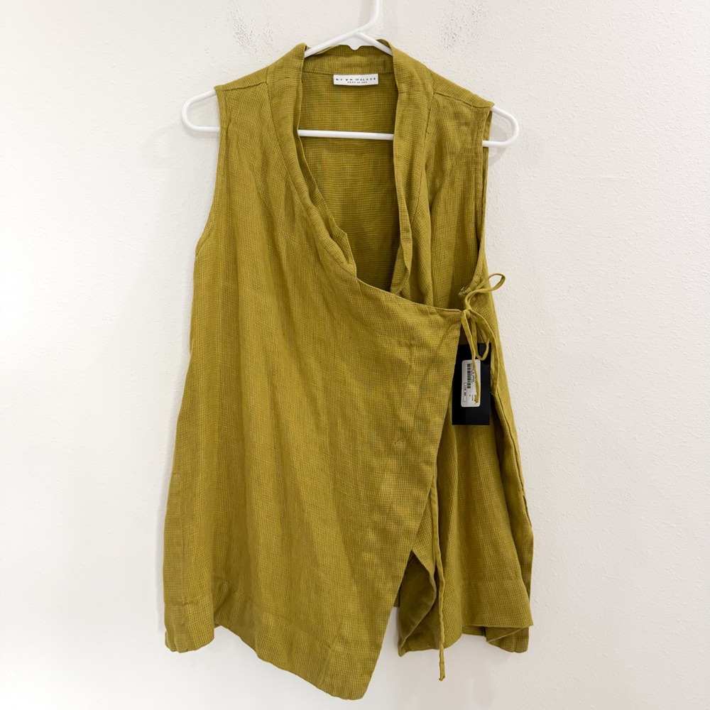 NWT Bryn Walker 100% Linen Moss Green 90s Boho Vest Retro Wrap Top S